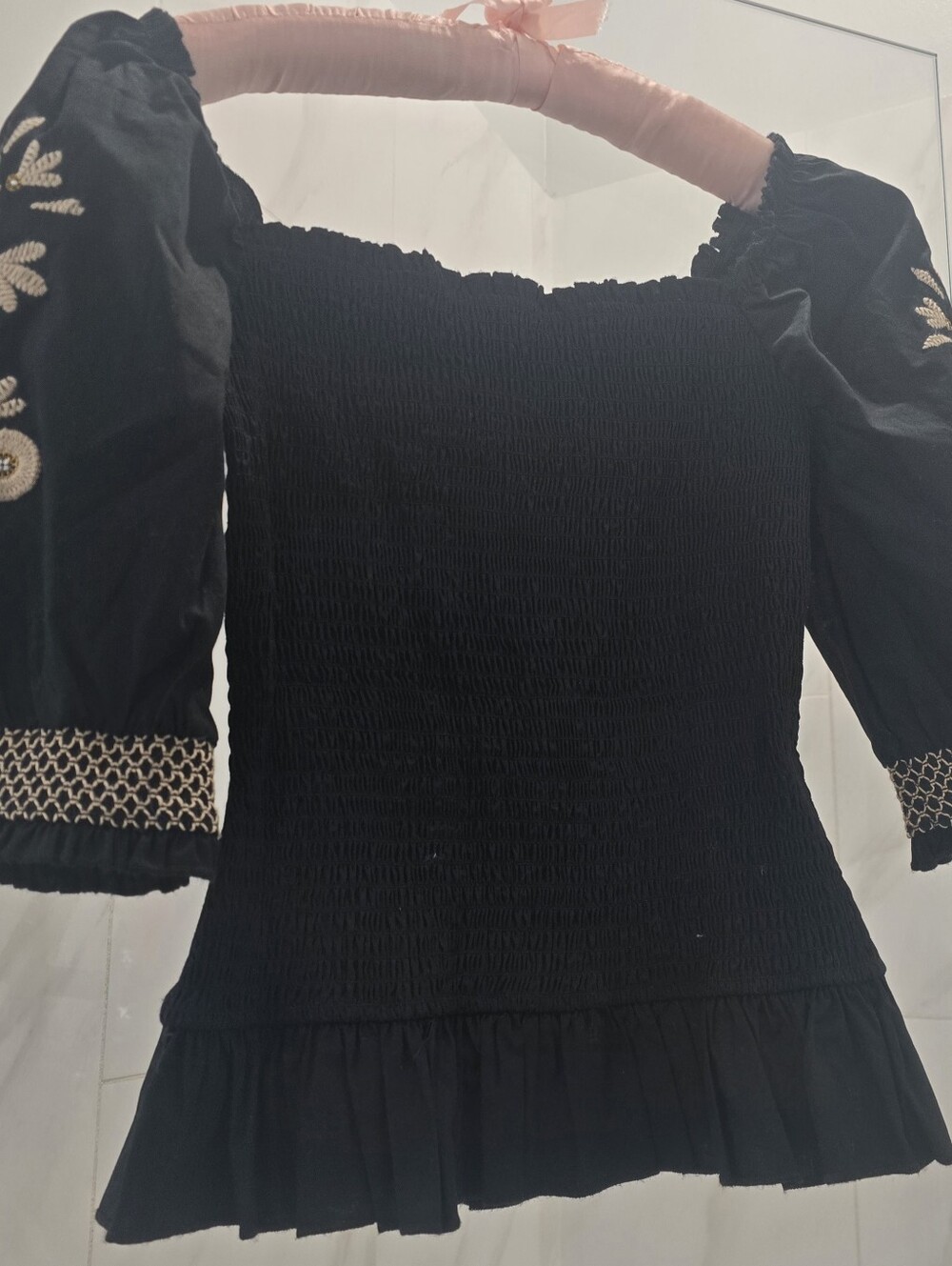 INC International Concepts Black Smocked Peasant Top,Embroidered Sleeves, XS NWT